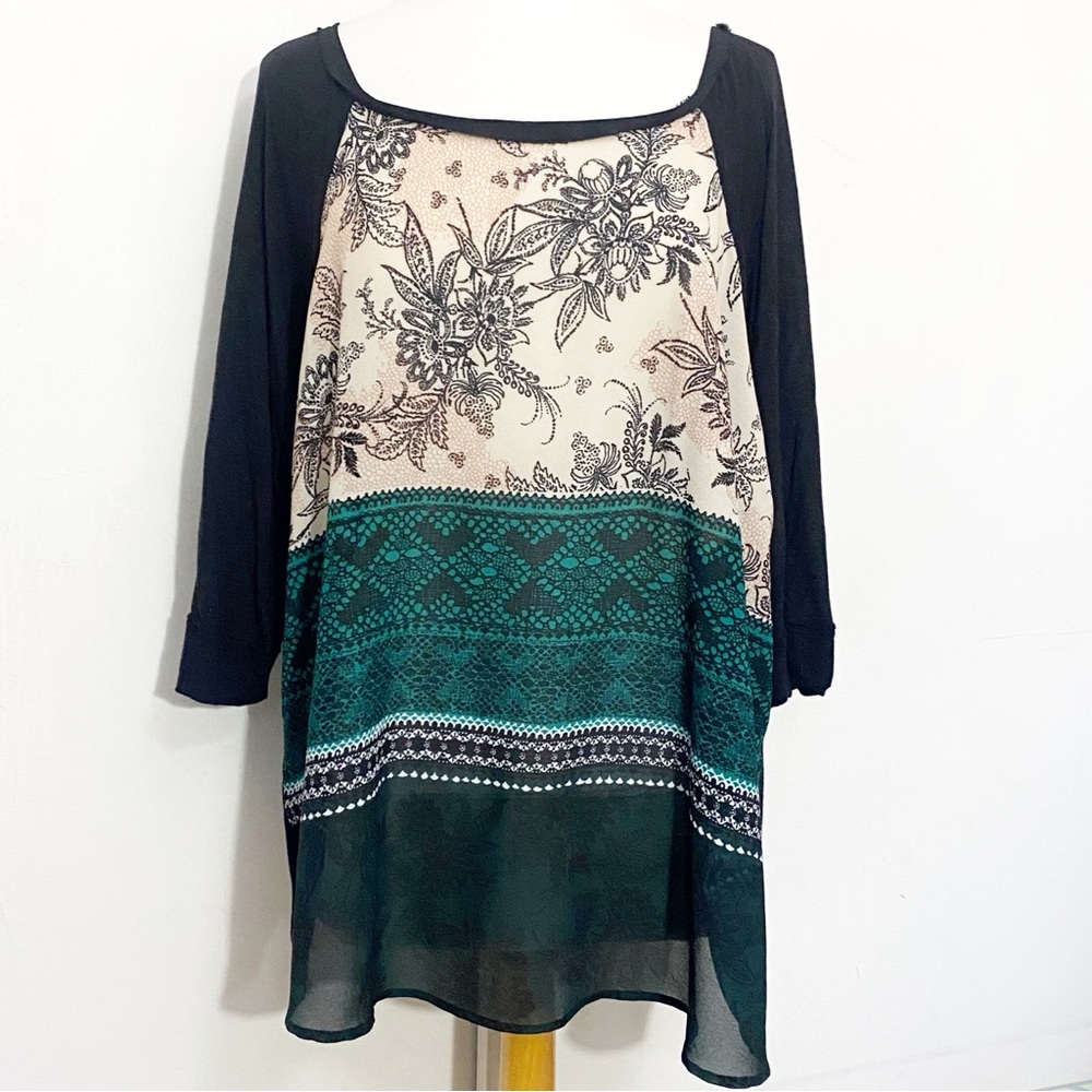 Halo Black and Green Floral Mixed Media Semi Sheer Front Knit Back Top 3X